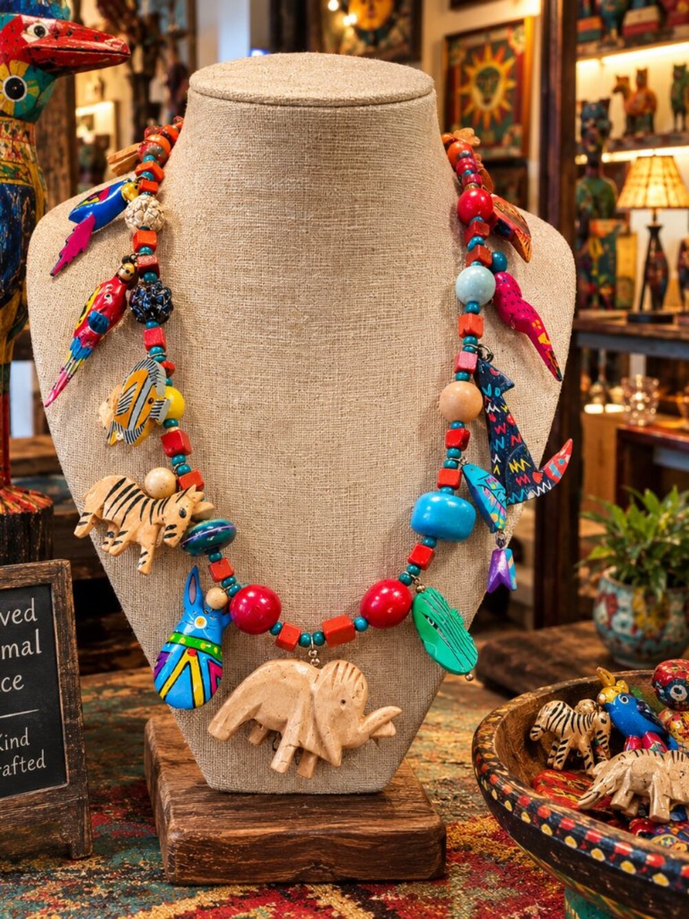 Vintage 70s Hand Carved Wood Folk Art Statement Necklace Animal Bird Fish Charms
